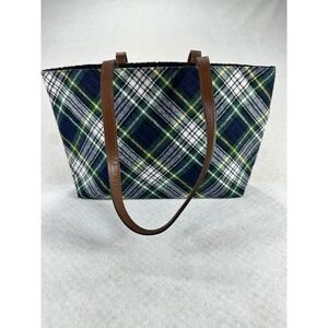 Margaret Smith Plaid Tote Bag Blue Green Woven Shoulder Bag Gardiner Maine